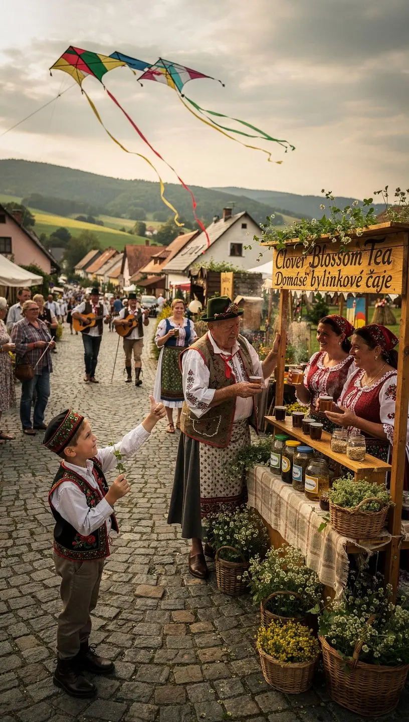 Pohľad na lúku plnú kvetov s čajovými lístkami.
