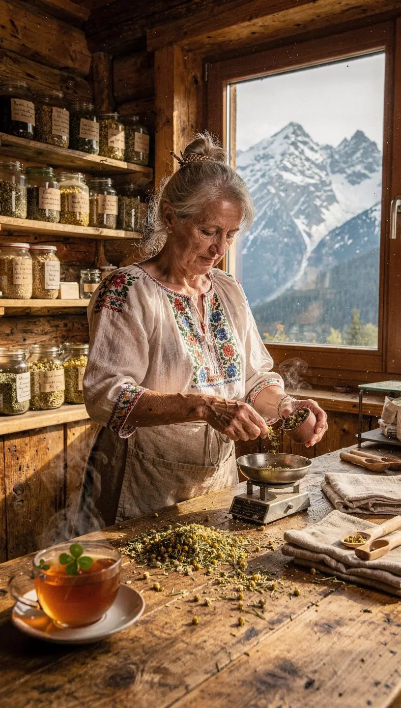 Šálka teplého čaju s lúčnymi kvetmi a medovou príchuťou na drevenom stole.